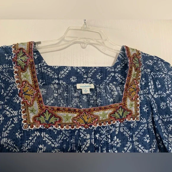 Sundance Outback Blue Beaded Embroidered Boho Top - Picture 5 of 7